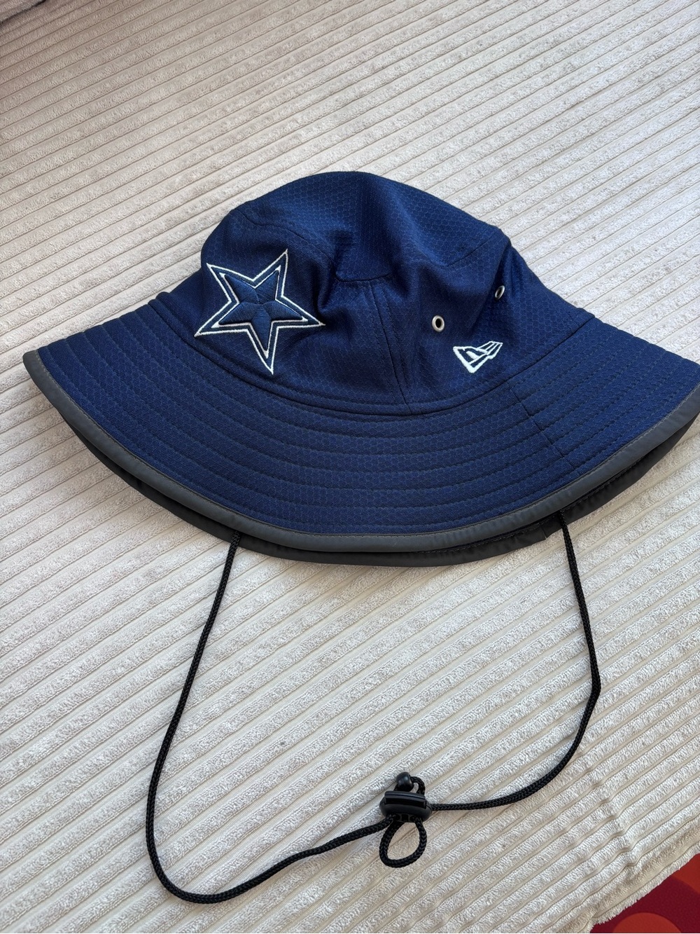 New Era Cowboys Navy and Gray Bucket Hat with Chin Strap